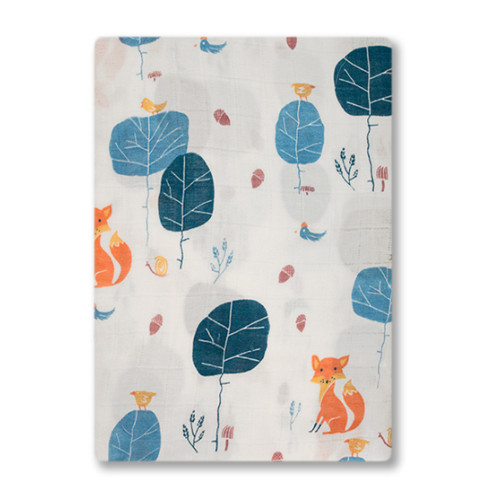 BBM002 White Blue Leaves Foxes Bamboo Muslin Blanket