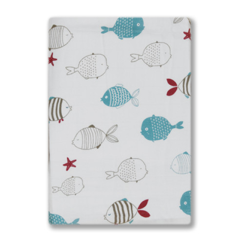 BBM010 Grey Blue Red Fish Bamboo Muslin Blanket