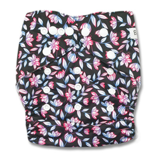 B333 Black Pink Flowers Blue Leaves Pocket