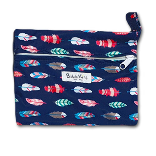 WS027 Navy Sideways Feathers Small Wet Bag