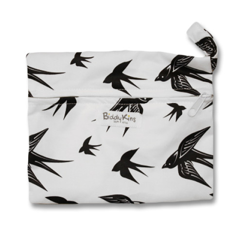 WS014 White with Black Swallows Small Wet Bag