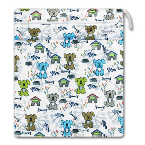 W021 Green Blue Puppies Smooth Wet Bag