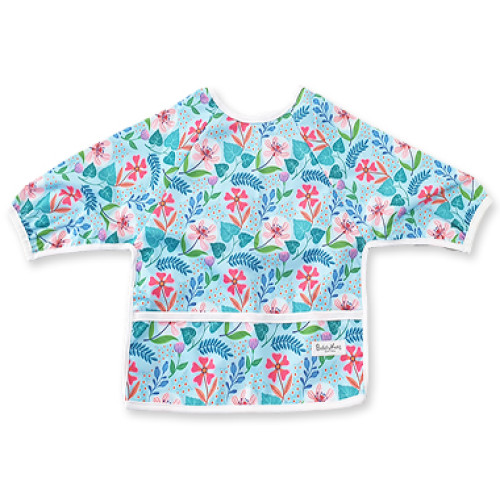 LSB Blue With Blue Leave Red Flowers Long Sleeve Bib